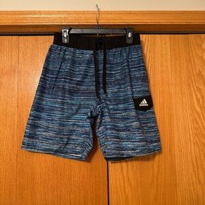 As is Adidas Black and Blue Patterned swim trunks